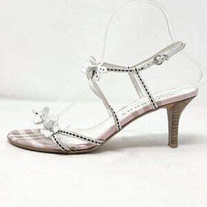 Burberry Check Leather Floral Slingback Sandals Pink Tan EU 37